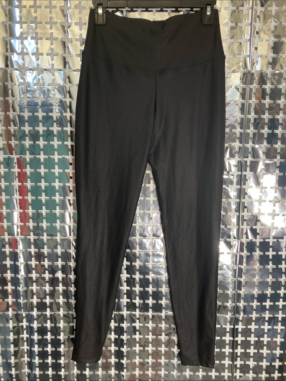 Black Medium Activewear Leggings with Faux Leather Look - Picture 3 of 4